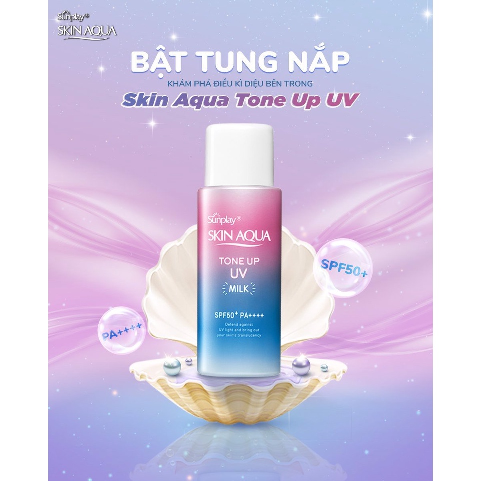 Kem chống nắng Skin Aqua Sunplay Tone Up Milk Rosy White &amp; Translucent Lavebder 50g giúp che phủ tự nhiên, nâng tông da