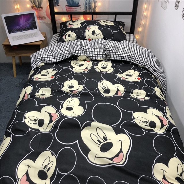Set Chăn Ga Chuột Mickey Đen Ga Caro Cotton Poly Cực Chất (Shinbedding.shop)