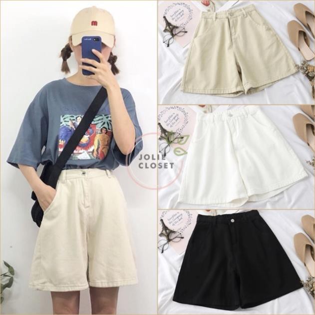 Quần Short Kaki Lửng Ulzzang Quần đùi denim ngố Ống rộng cạp cao trắng đen kem Dáng Hàn Quốc (có bigsize) .