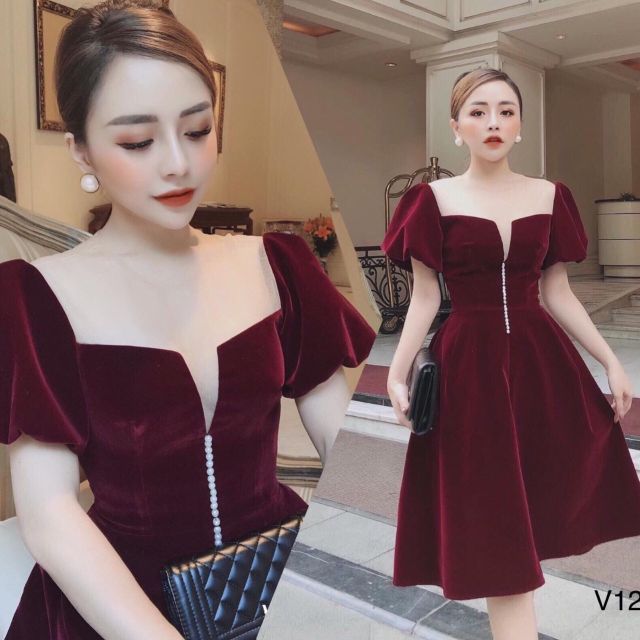 T100-Đầm xoè tay phồng nhung phối lưới cao cápp thời trang dự tiệc, dạ hội màu đỏ đô cực sang chảnh TASA