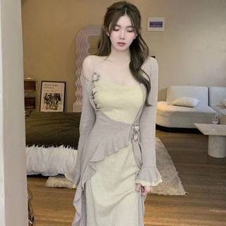Đầm giả hai mảnh dáng ôm phong cách pháp thời trang thu đông