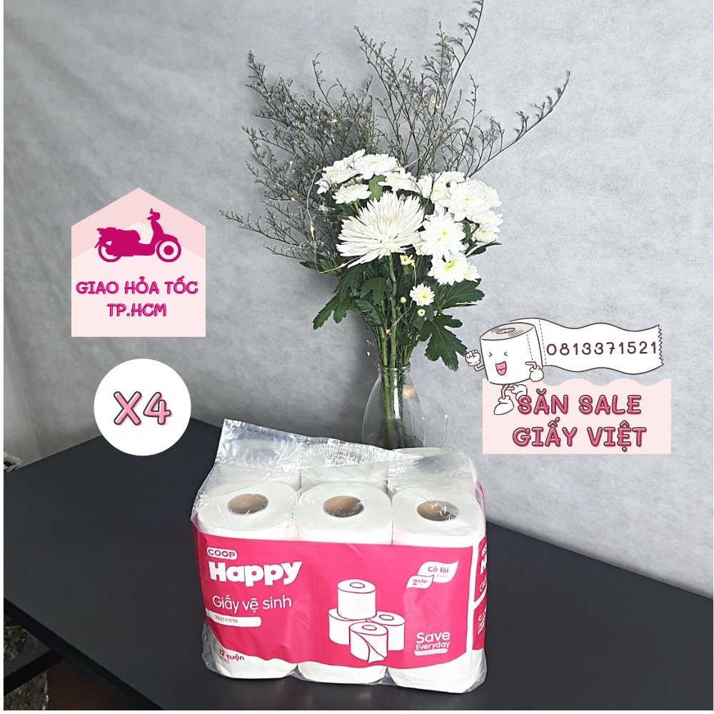 COMBO 4 Giấy Vệ Sinh 12 Cuộn Coop Happy ( Giấy 2 Lớp Tiết Kiệm) ( Hàng Việt Chính Hãng)