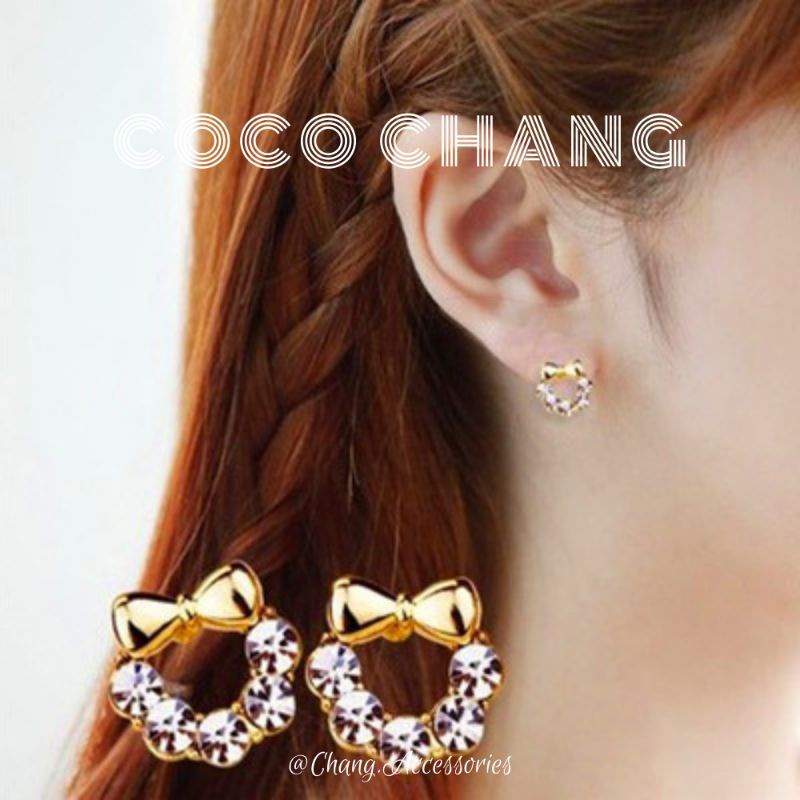 Bông tai nụ tròn đính đá kết nơ đơn giản, khuyên tai hàn quốc  cocochang Shop