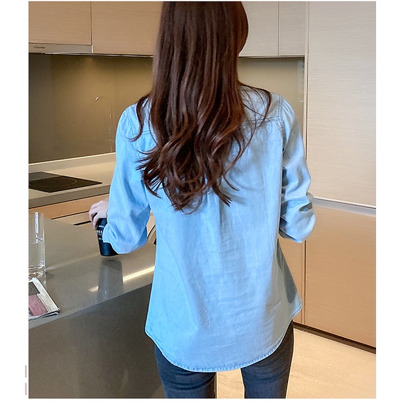 Áo sơ mi denim Nữ Thời trang Mỏng Đơn giản Phong cách Hàn Quốc Dài tay Áo