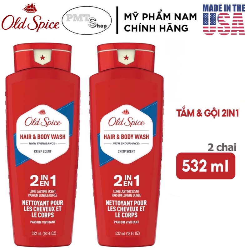 [USA] Combo 2 tắm gội 2in1 nam Gel Old Spice High Endurance Hair + Body Wash 532ml x 2 chai - Mỹ