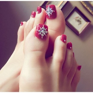 Bộ 24 Móng Chân Giả Đỏ Đính Đá