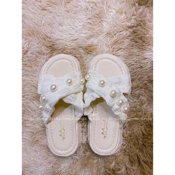 Dép quai chéo đế bánh mỳ đính ngọc 3 màu siêu hot, phong cách tiểu thư, dễ thương dành cho nữ