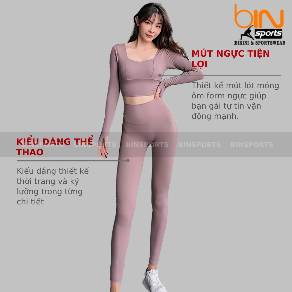 Đồ tập gym yoga nữ bộ quần dài áo dài tay xỏ ngón kèm mút cao cấp Bin Sport BD117