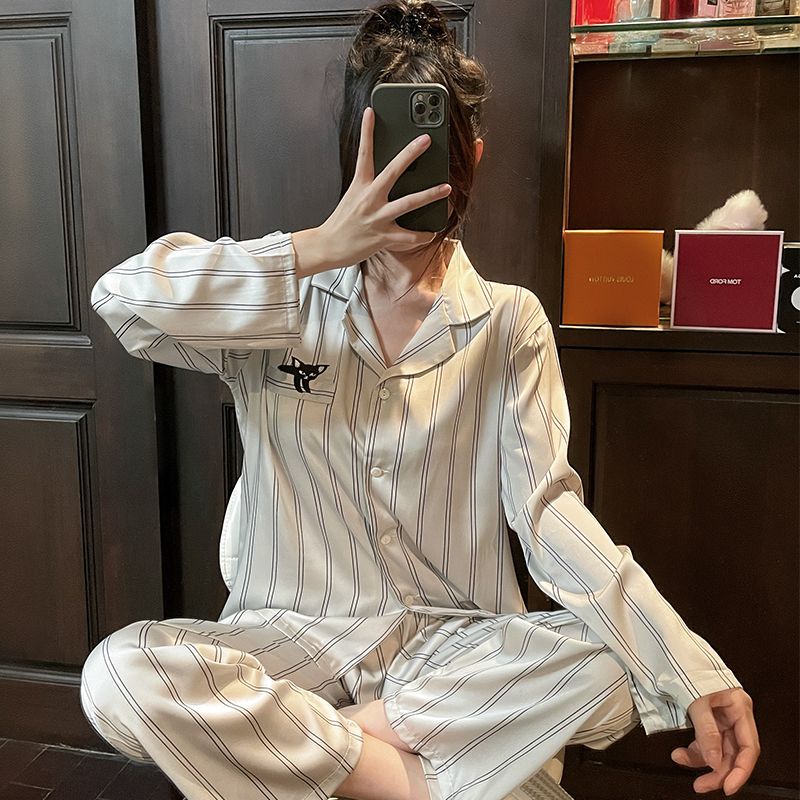 Pajamas girls summer style ice silk cool jacquard plaid young and beautiful ins household clothes women can wear suits in summer