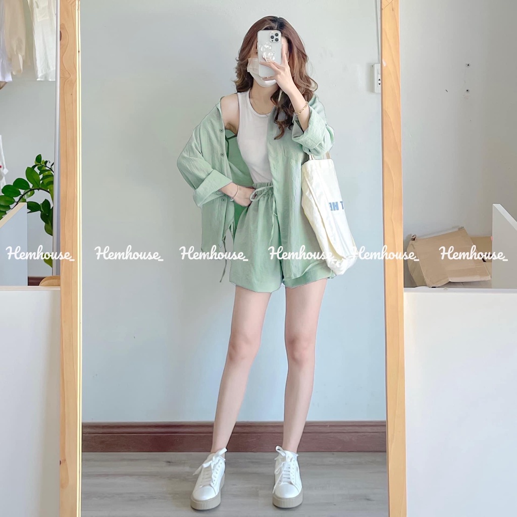 Set 3 món sơ mi rút dây xanh ngọc kèm áo ba lỗ NN854