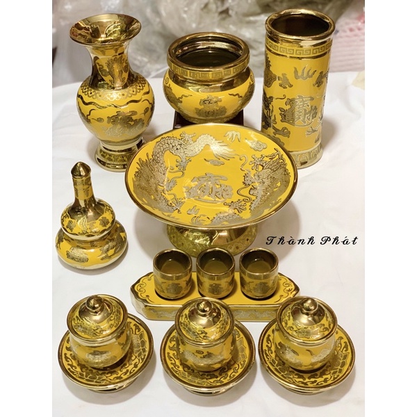Bộ đồ thờ thần tài màu vàng kim sa cao cấp, đồ thờ gia tiên kim sa rồng vàng