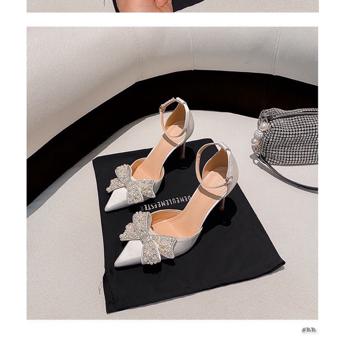 Sandal cao gót nơ đá bít mũi hàng cao cấp fullbox