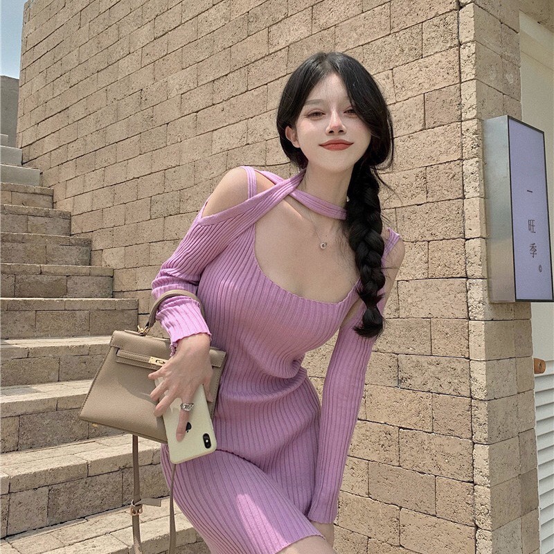 Đầm Hai Dây Dệt Kim Thời Trang Mới Cho Nữ