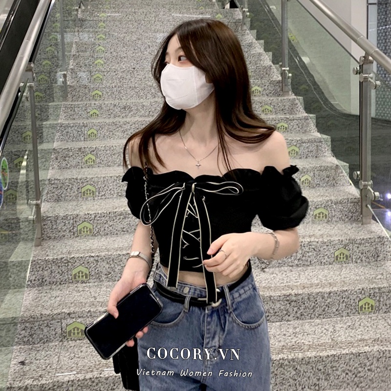 Cocory vn Áo Croptop Trễ Vai Tay Ngắn Dáng Ôm Màu Đen Thời Trang Mùa Hè Quyến Rũ Cho Nữ