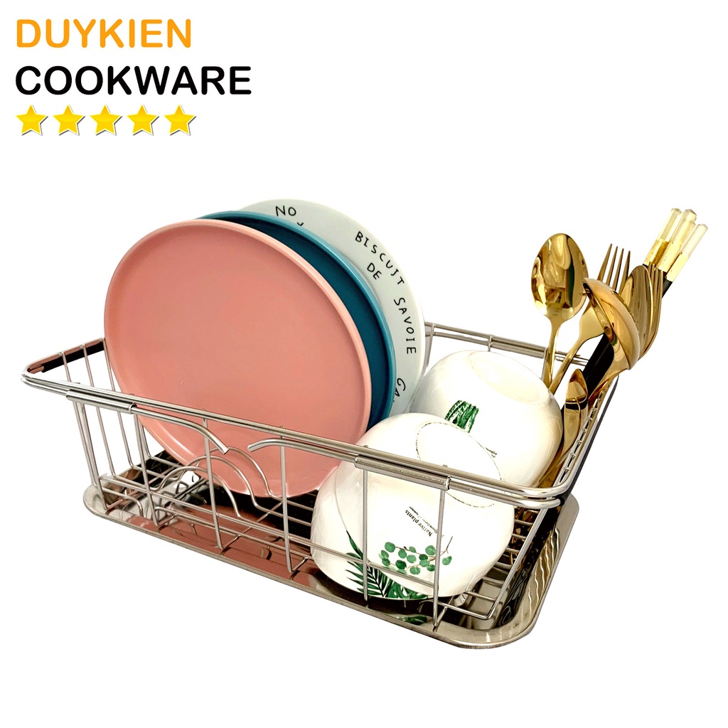 Giá đựng bát đĩa chén inox có thể điều chỉnh kích thước kèm khay lót thoát nước dùng cho mọi loại bồn rửa