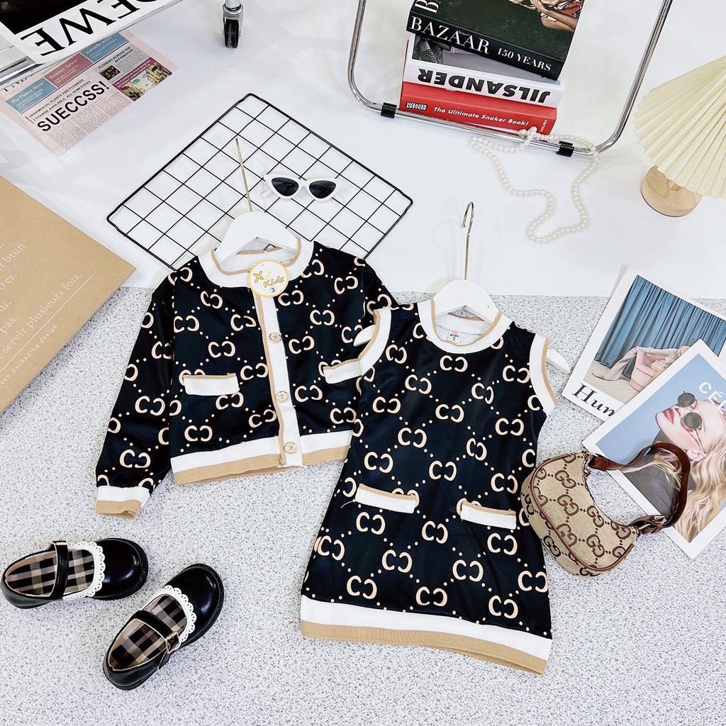 Sét váy len bé gái, váy mùa đông cho bé gái, set 2ct: váy và áo khoác  cao cấp cho bé