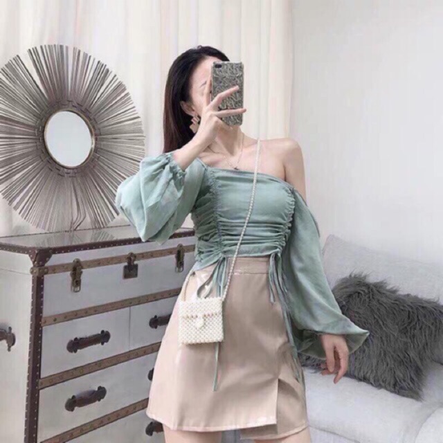 🌷Áo Croptop Cổ Vuông Nhúng Rút Eo