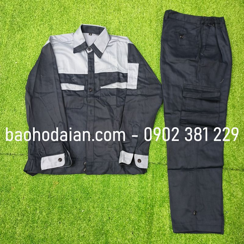 Quần áo bảo hộ lao động vải kaki 31 màu xanh đen phối ghi tím - M18