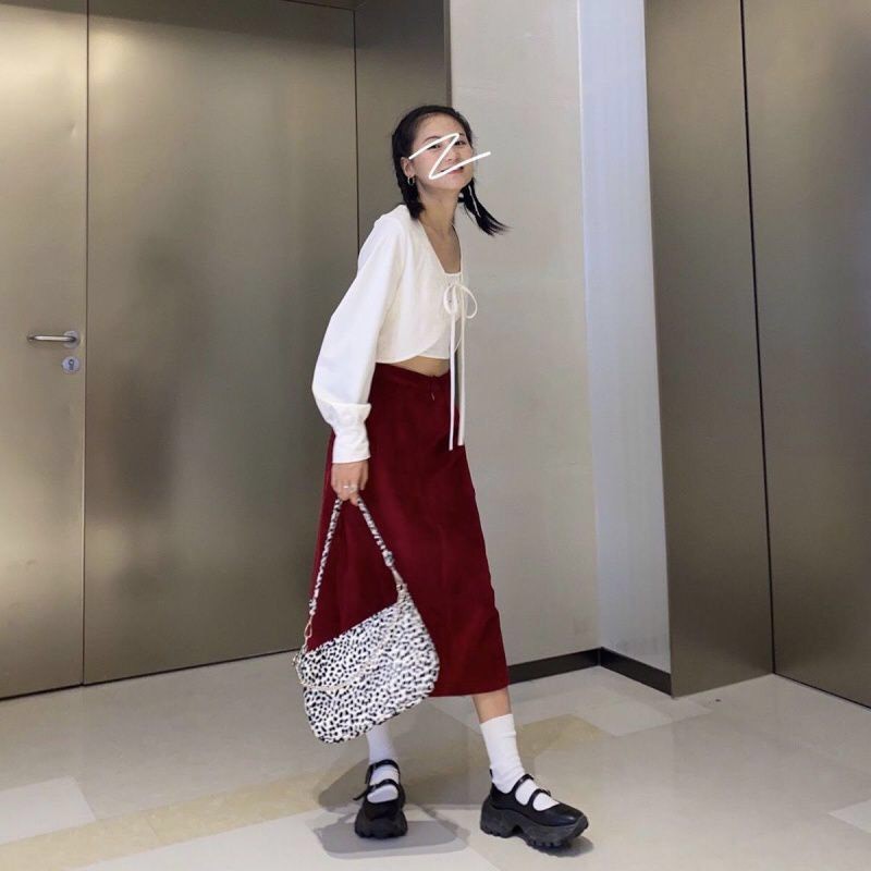 Áo khoác croptop nữ cardigan trơn tay dài cột dây màu trắng GUU