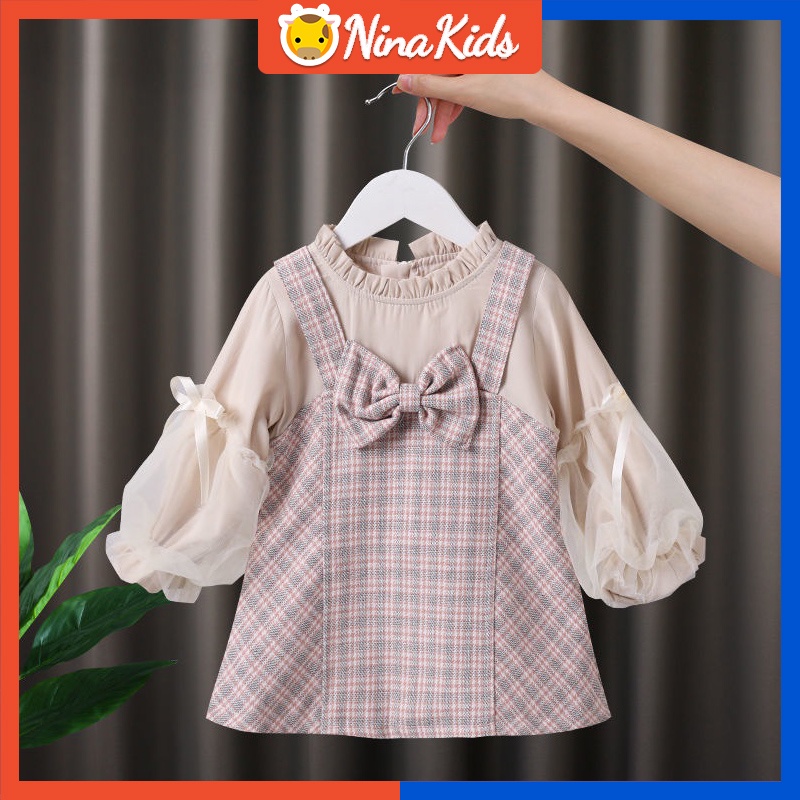 Đầm tay dài phồng cổ phối ren giả 2 mảnh in kẻ sọc gắn nơ sành điệu cho bé gái 0-4 tuổi