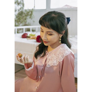 Set Pyjama lụa cổ hoa voan trắng 4 màu cao cấp