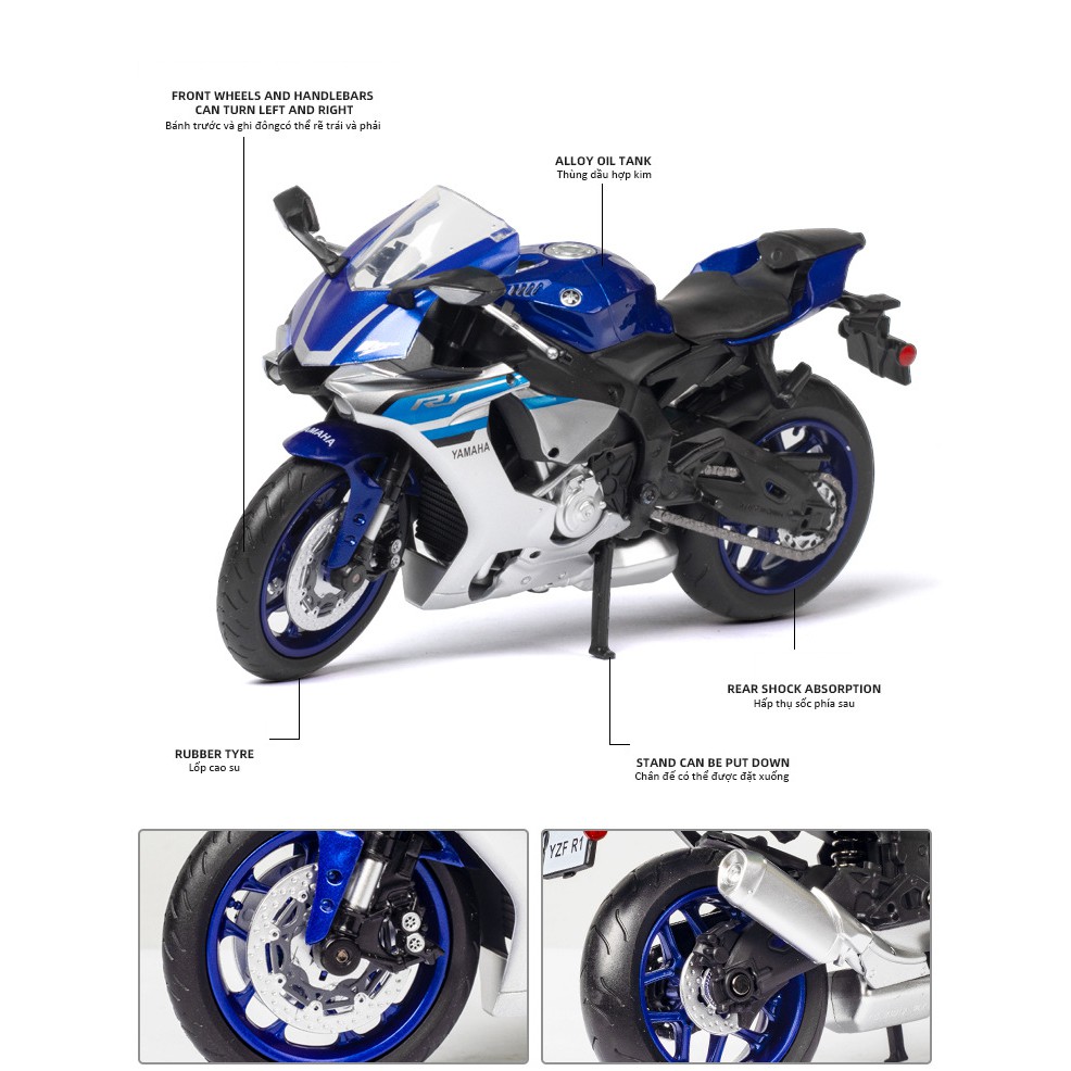 Xe mô hình Moto Yamaha YZFR1 tỉ lệ 1:12, khung hợp kim, lốp cao su, chi tiết như xe thật