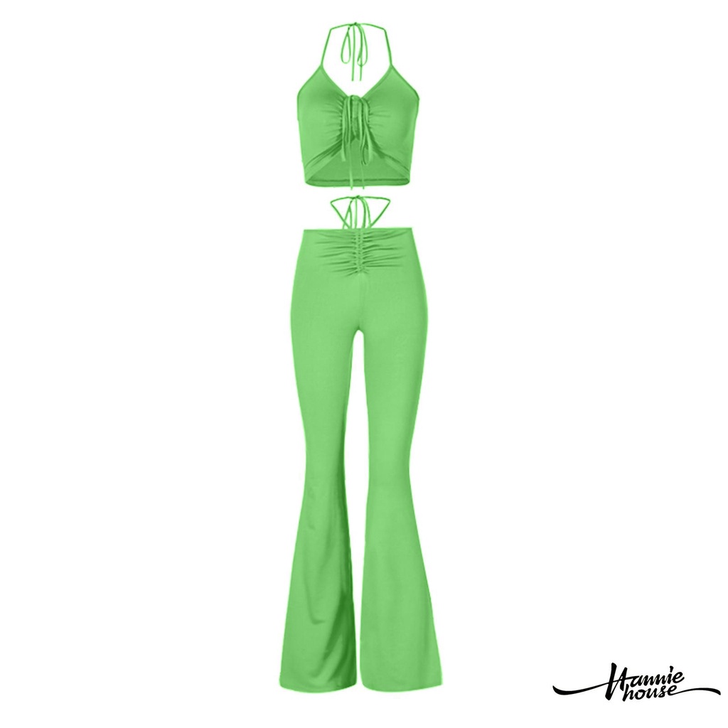 Set Áo Cổ Yếm Và Quần Dài Ống Loe Lưng Cao Thời Trang Dành Cho Nữ