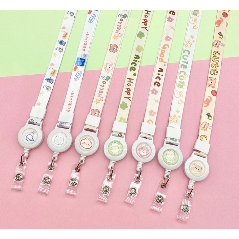 Dây đeo thẻ bằng vải họa tiết họa hình gấu thỏ cute có nút rút kéo dãn (dây lẻ ko có bao thẻ)