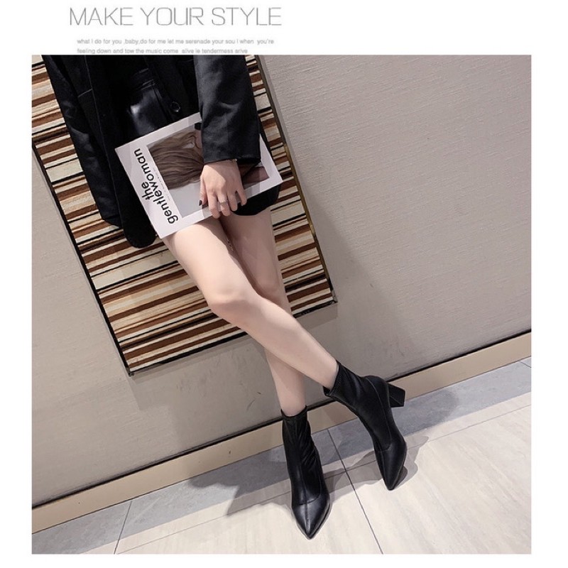 [Sẵn đen 37] Boots cổ ngắn mũi nhọn ulzzang gót vuông cao 6cm | BigBuy360 - bigbuy360.vn