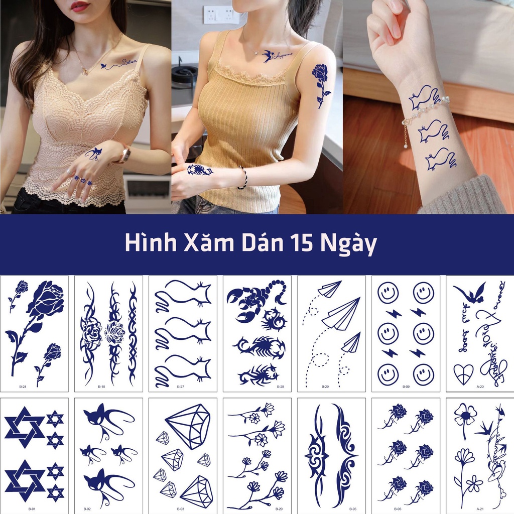 Set 10 Tờ Hình Xăm 15 Ngày Chữ Tiếng Anh Hán Hoa Bướm Mèo Diều Mỏ Neo Cá Hươu Mặt Trăng Trời Otyla