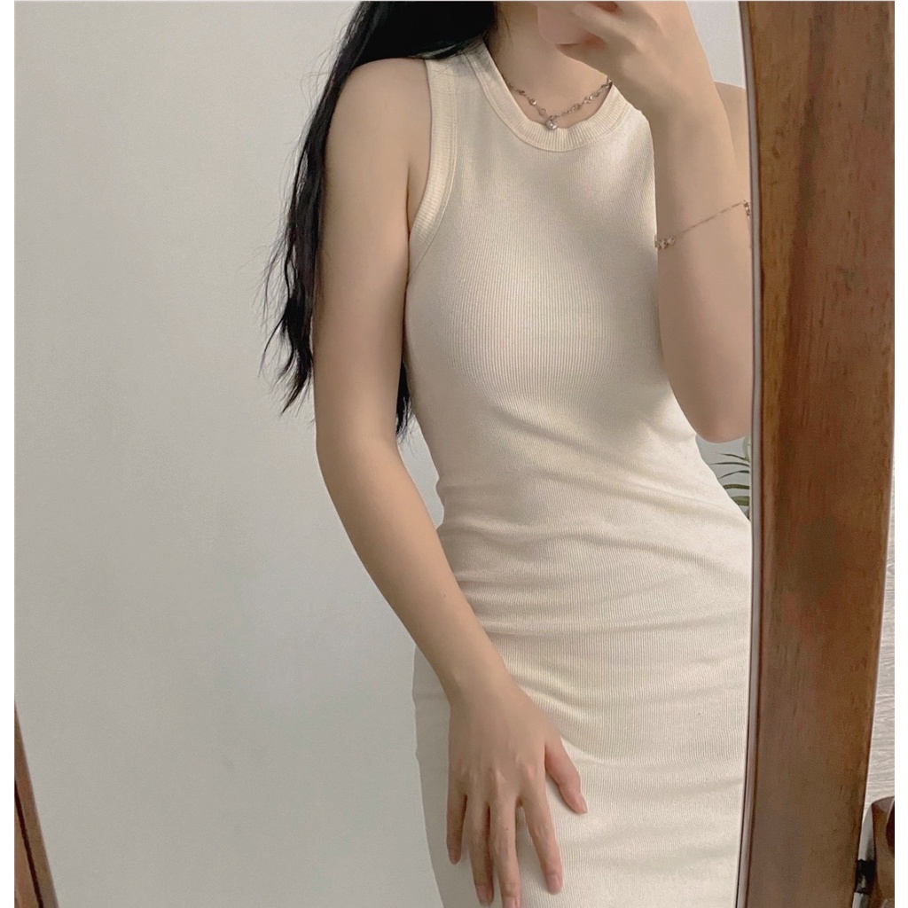 Váy Body Sát Nách Dáng Dài Chất Liệu Bo Tăm, Đầm Bo Tăm Tôn Dáng