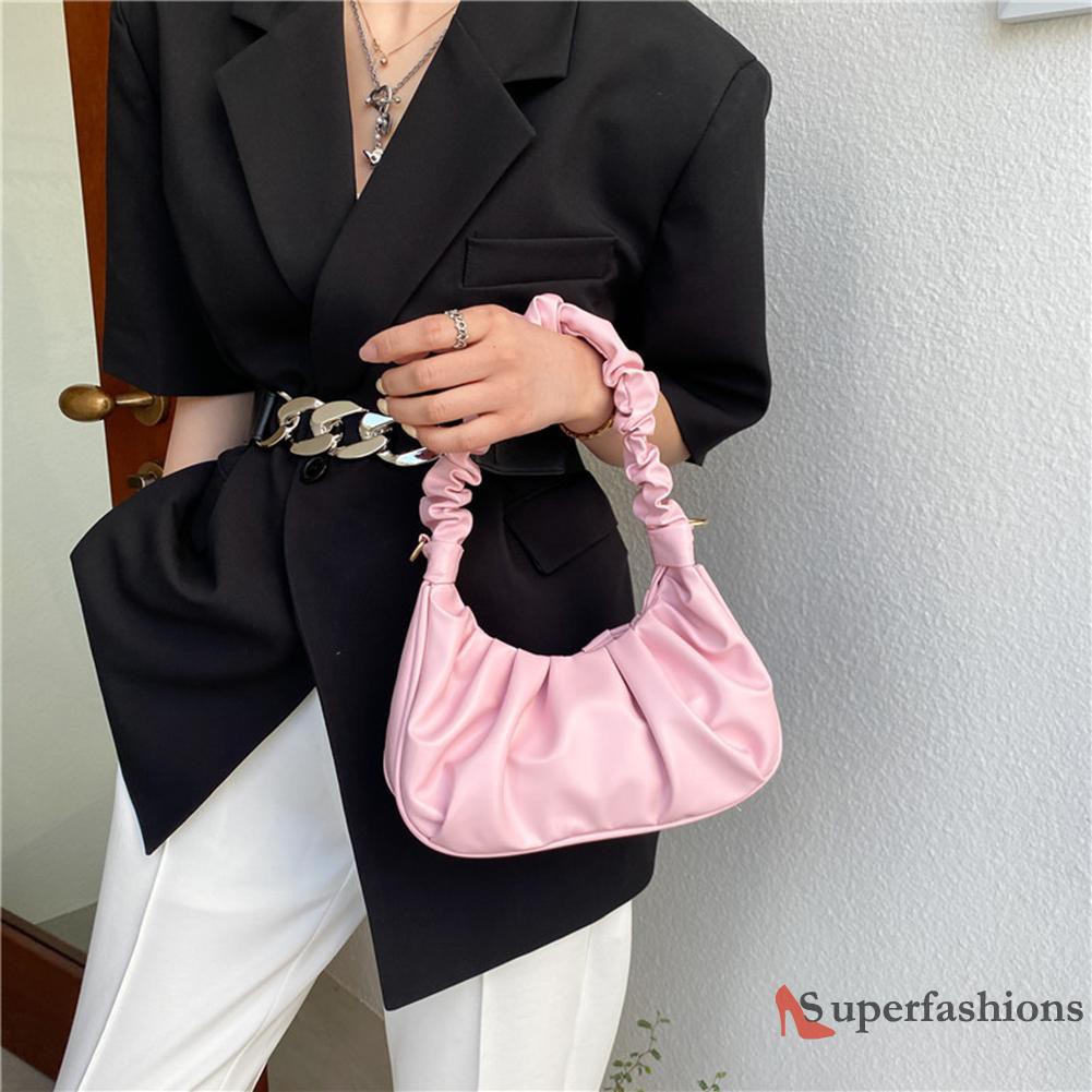 【Hot Sale】Fashion Women Pure Color Canvas Shoulder Underarm Bag Pleated Hobos Handbag