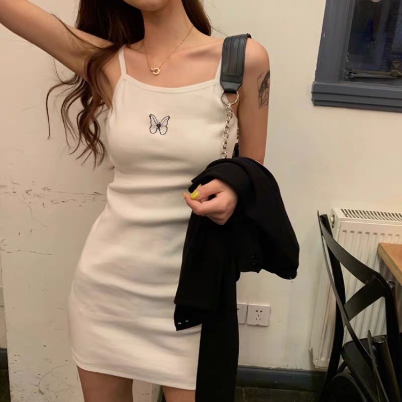 Váy 2 dây trắng bướm thun gân body ôm quyến rũ hàn quốc ulzzang | BigBuy360 - bigbuy360.vn