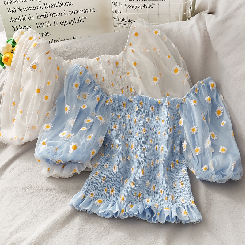 Áo Kiểu Trễ Vai Tay Phồng In Hoa Cúc Xinh Xắn Cho Nữ | BigBuy360 - bigbuy360.vn