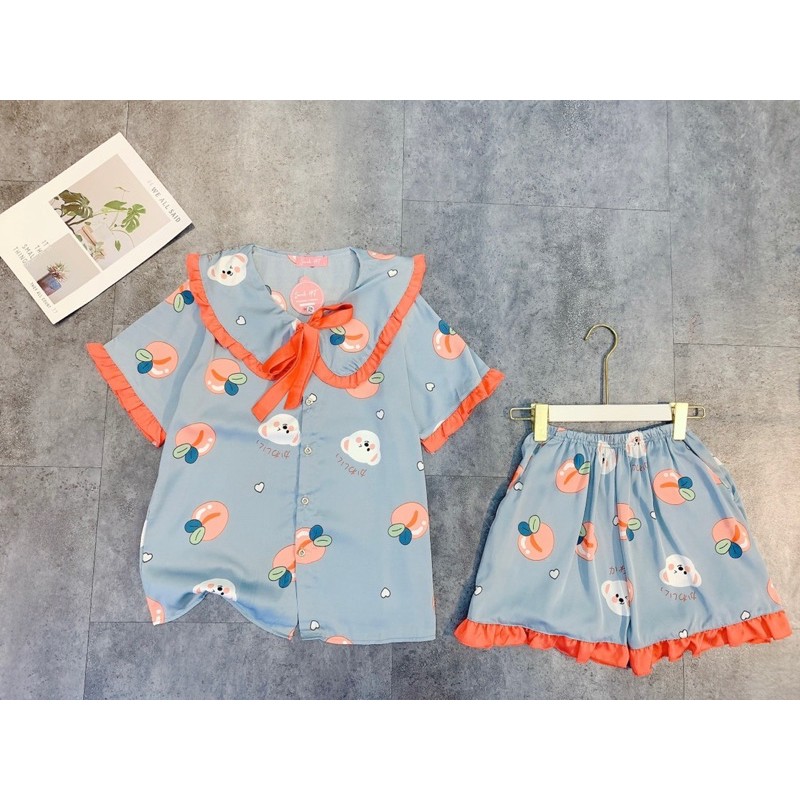 Pijama lụa SATIN cổ bèo cột nơ quần cộc cao cấp giá rẻ siêu xinh, siêu sang ạ🥰