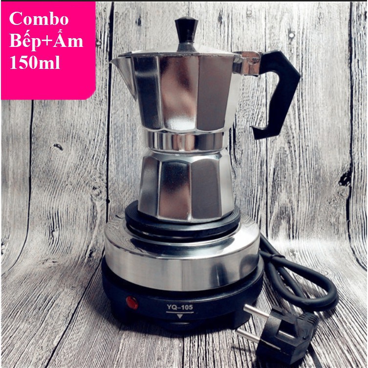 COMBO ẤM PHA CAFE KIỂU Ý 150ml 3 tách, bình pha cà phê moka pot express kèm bếp điện S.T
