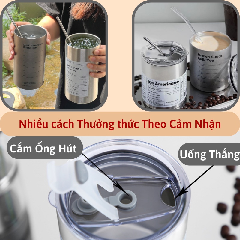 Bình đựng nước giữ nhiệt bằng thép không gỉ có ống hút dung tích 600ml, Ly cốc giữ nhiệt cute uống cà phê dùng văn phòng