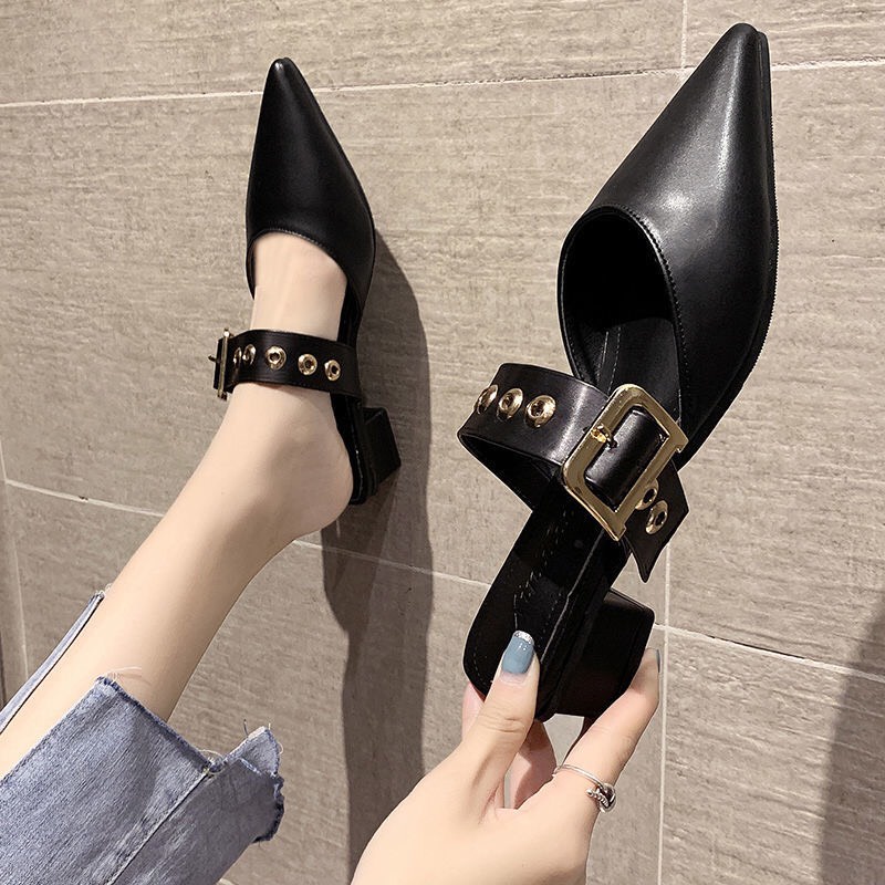 Giày sục nữ mũi nhọn da mềm khóa gài gót cao 3cm