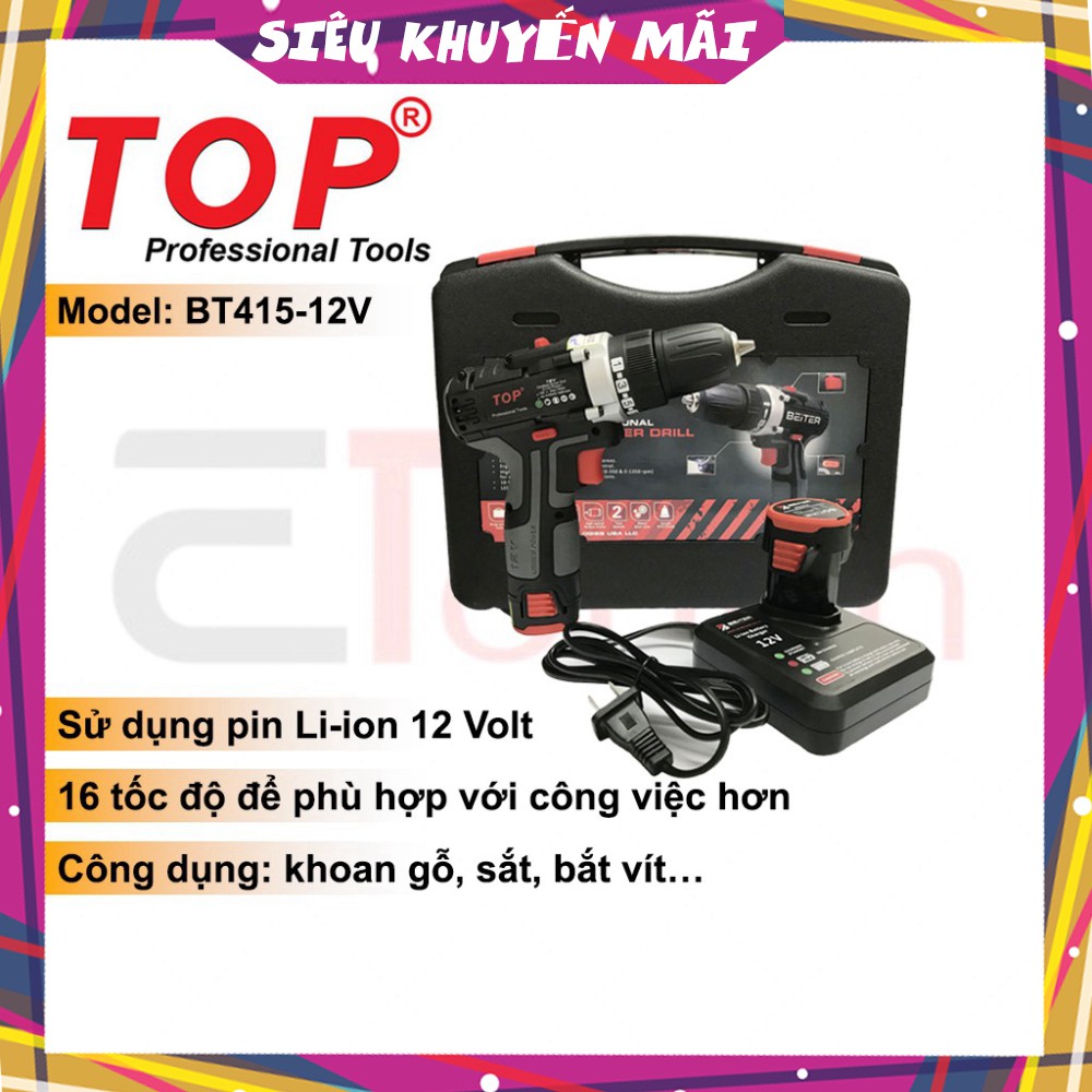 Máy Khoan Bắt Vít Dùng Pin Sạc 12V (Kèm 1 Pin Dự Phòng) Top - BT415-12V
