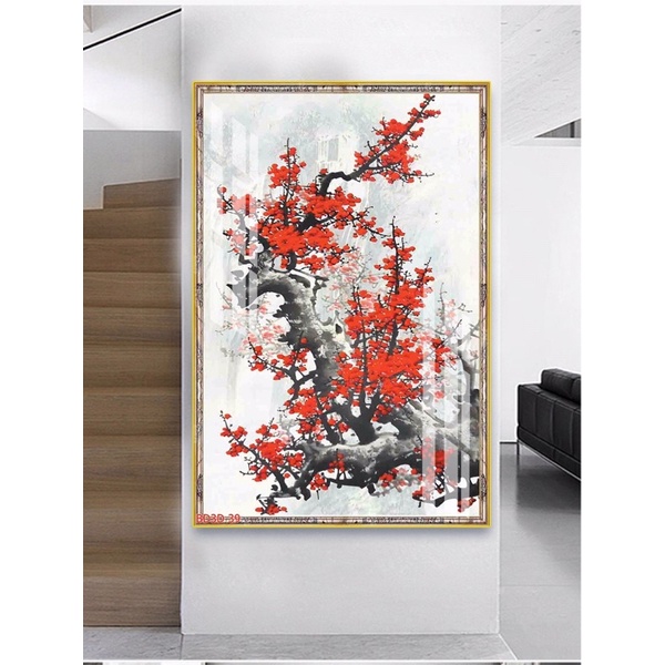 Tranh hoa đào sẵn treo chất liệu tráng gương cao cấp 50x75cm
