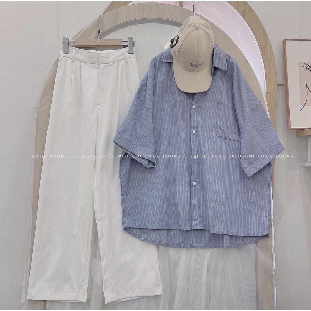 [Ảnh thật] Áo sơ mi kẻ tay lỡ form rộng oversize