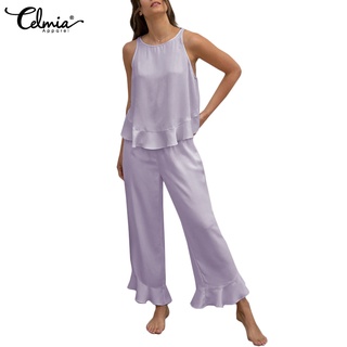 Bộ đồ CELMIA gồm áo hai dây phối bèo và quần dài vải lụa satin thời trang dành cho bạn nữ