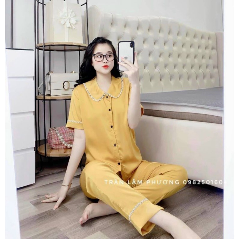 Bộ Pyjama Tay Cộc Quần Dài Viền Ren - Hàng thiết kế có size