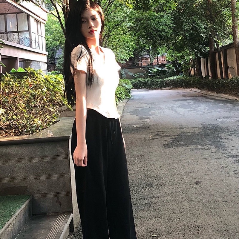 Set Áo Thun Ngắn Tay Và Quần Dài Ống Rộng Thời Trang Mùa Hè Mới Cho Nữ