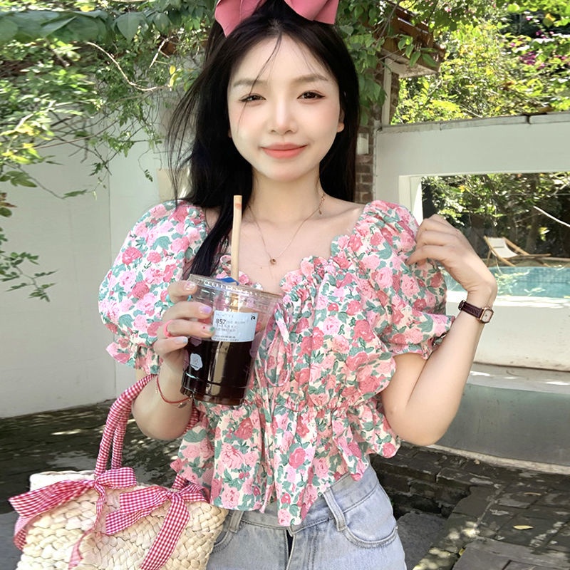 Áo Kiểu Trễ Vai Tay Phồng In Họa Tiết Hoa Thời Trang Mùa Hè 2022 Phong Cách Mới Cho Nữ