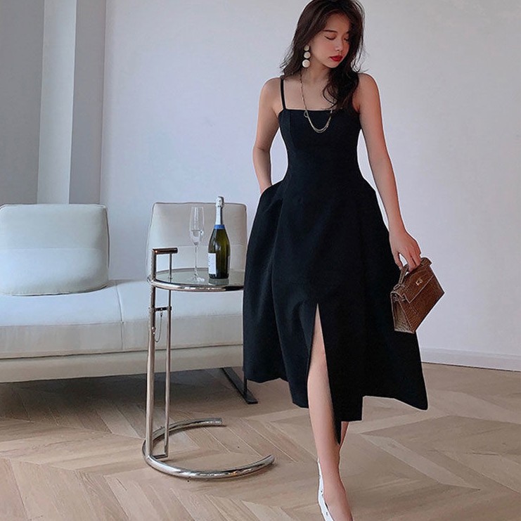 Đầm Dáng Dài Màu Đen Thiết Kế Đơn Giản Trẻ Trung Hợp Thời Trang
