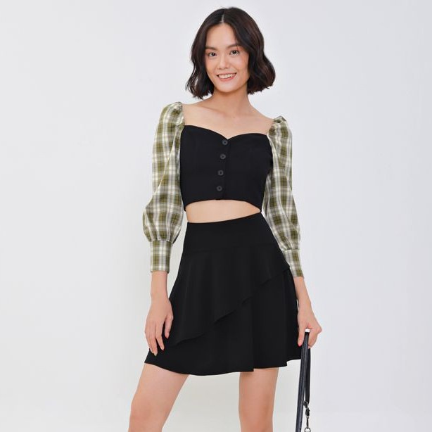 Áo croptop phối tay caro cài nút - MARC FASHION