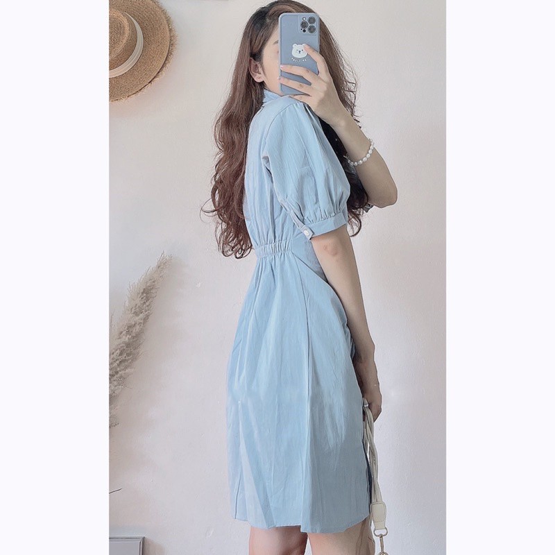 Váy ulzzang cổ sơ mi bo tay ngắn chiết chun eo cúc dọc , Đầm thiết kế dự tiệc dáng dài (video/ảnh thật/sẵn)