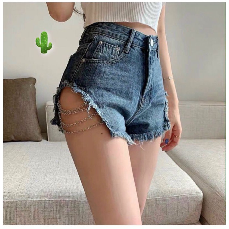 Quần shorts jeans dây xích lưng cao HOT