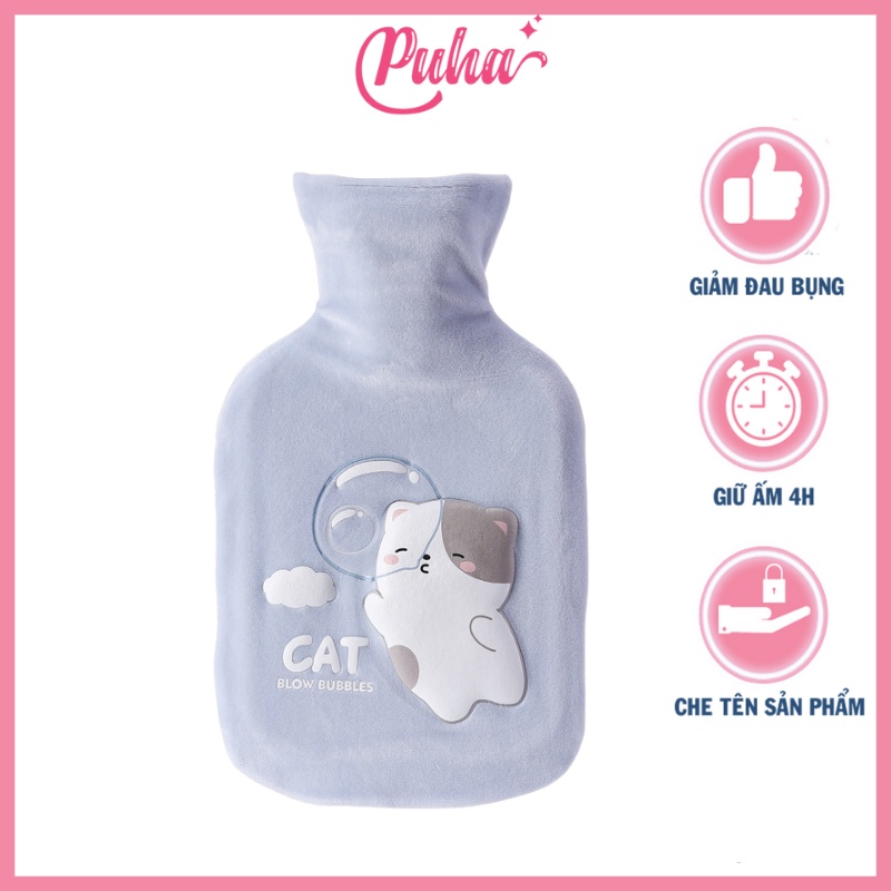 Túi chườm nóng lạnh PUHA 1000ml, túi chườm sưởi ấm nóng giảm đau bụng kinh cho nữ, Blue Cat Blow